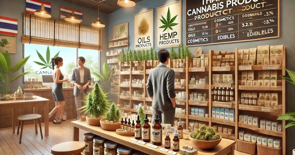 Wnętrze tajlandzkiego sklepu z produktami z konopi indyjskich, z półkami pełnymi różnorodnych produktów takich jak oleje, suszone pąki, kosmetyki i artykuły spożywcze. Klienci przeglądają produkty w ciepło oświetlonym otoczeniu. Na ścianie wisi plakat wyjaśniający korzyści zdrowotne marihuany, co wzmacnia profesjonalną i zachęcającą atmosferę sklepu.