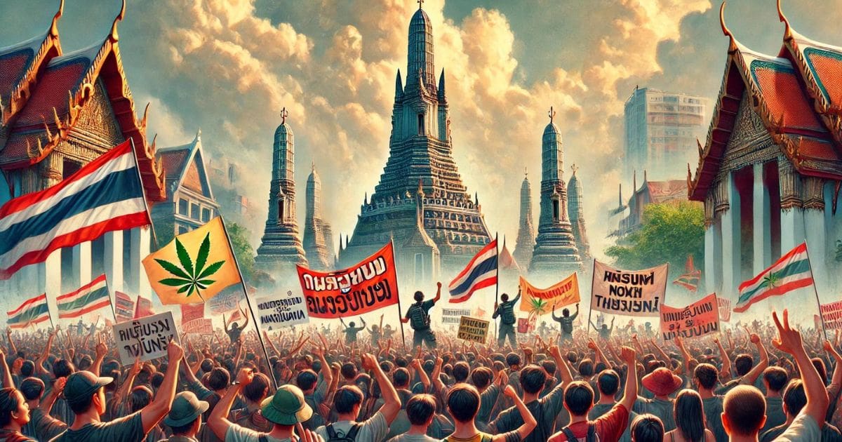 Dynamiczna scena protestu w Bangkoku z grupą zdecydowanych osób trzymających banery i plakaty sprzeciwiające się ponownemu zaklasyfikowaniu marihuany jako narkotyku. Na tle, pełnym życia i energii, wyraźnie widoczna jest ikoniczna świątynia Wat Arun.